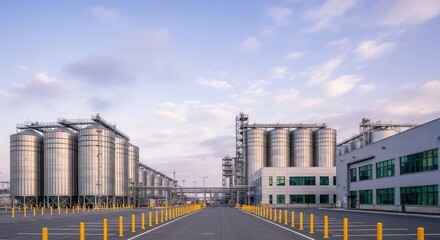 Fototapeta premium Modern industrial factory complex with large storage silos and advanced manufacturing facilities under a clear sky
