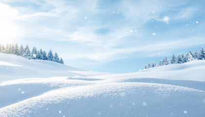 Serene, snow-covered hills under a bright blue sky. Pine trees line the horizon as soft snowflakes fall. A peaceful, crisp winter scene.