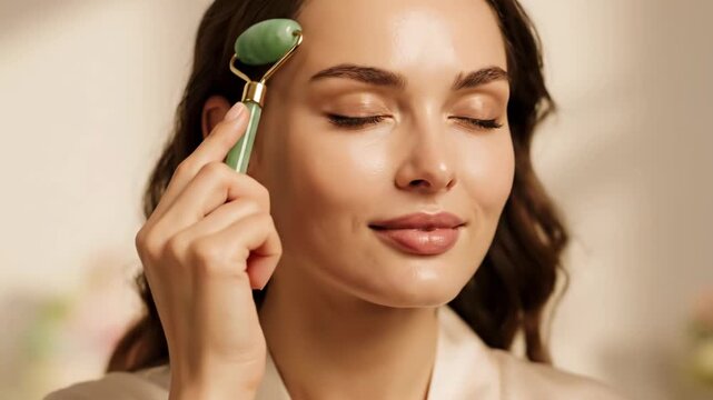 Beautiful woman enjoying a relaxing facial massage with a green jade roller