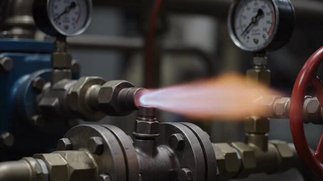 Industrial Gas Burner with Blue Flame and Pressure Gauges.