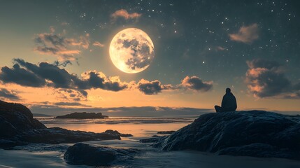 A lone figure sits on a rock, silhouetted against a backdrop of a full moon rising over the ocean. The sky is filled with stars and clouds, creating a peaceful and serene atmosphere.