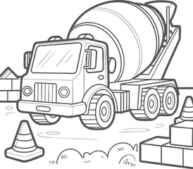 Cement Mixer Truck at Construction Site Line Art Illustration