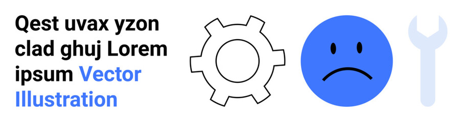 Gear outline, blue sad face, and wrench for concepts thumbs up repair, troubleshooting, or system issues. Ideal for technology, maintenance, help desk, technical services mechanics system errors