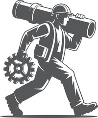 Industrial Worker Silhouette with Pipe and Gear