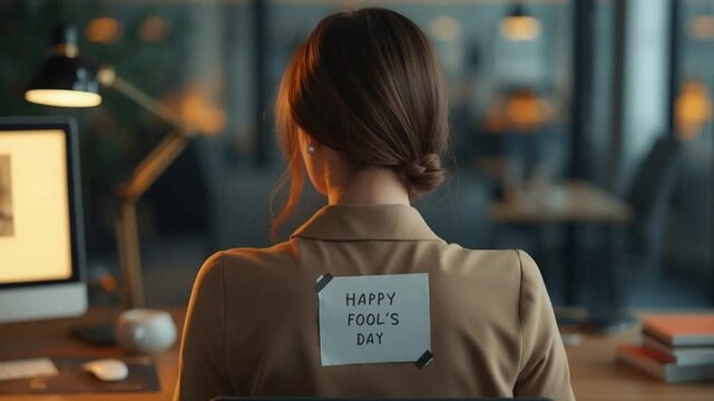 Woman With &lsquo;Happy Fool&rsquo;s Day&rsquo; Note on Back in Office Setting