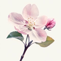 Obraz premium A delicate and beautiful pink apple blossom flower with a budding stem, isolated on a clean white background in a botanical illustration style