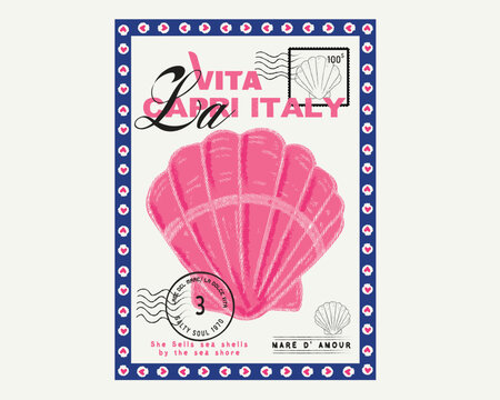 Shells vector grphic design. La Vita Capri Italy typography slogan.  sea shells artwork for tee shirt t-shirt sweatshirt. summer beach womens girls graphics. stamp vector.