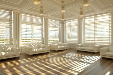 modern living room with white wooden blinds and sofas on parquet floor in bright sunlight for home interior design