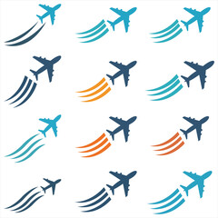 Air Travel Icon Array A collection of airplane icons soaring across the sky, leaving behind dynamic trails, representing journeys, and global movement. 