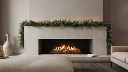 Cozy fireplace decorated for the holidays with festive greenery and warm fire