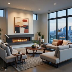 Fototapeta premium A modern living room boasts a stylish sectional sofa, a contemporary fireplace, and panoramic city views.