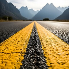Close-up view of two bright yellow road markings on a dark asphalt highway, extending into a backdrop of hazy mountains.