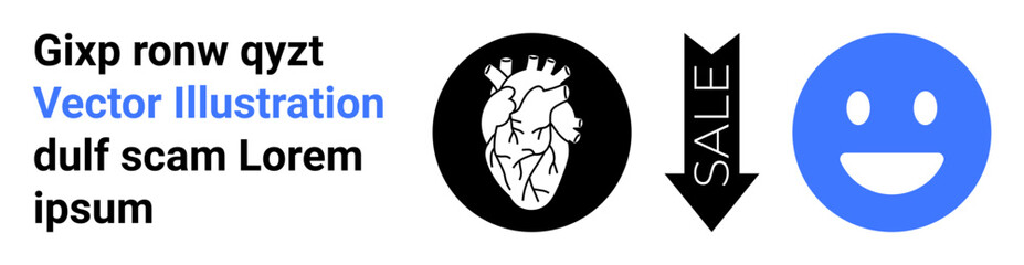 Health awareness, business discounts, happiness, emotion, design elements, marketing visuals. Anatomical heart, downward sale arrow happy face. Health awareness and business discounts concept