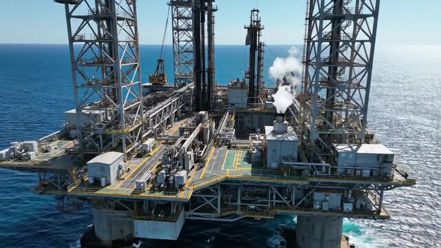 Aerial View of a Large Offshore Oil Drilling Rig in the Open Sea.