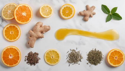 Citrus fruits, ginger, honey, and herbs arranged on a white marble surface