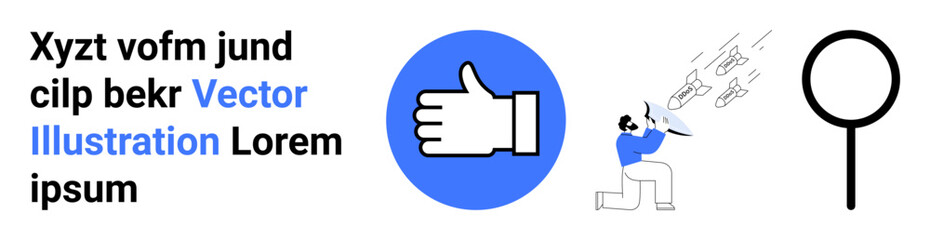 Obraz premium Social approval, freedom, analysis, positivity, independence, exploration . Thumbs up icon, person breaking chains magnifying glass. Social approval and freedom graphically