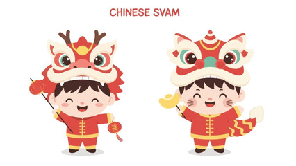 Chinese New Year Celebrations with Children in Traditional Costumes.