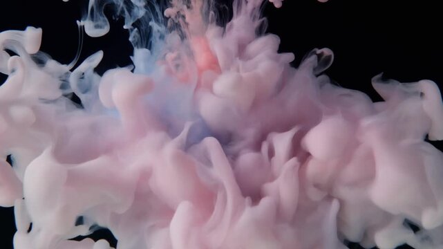 Swirling clouds of pink and blue smoke against a dark background with abstract fluid motion.