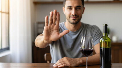 Man refusing alcohol with a clear “no” hand gesture at home  