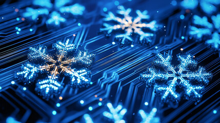 Digital artwork featuring glowing blue snowflake patterns on circuit board background, symbolizing fusion of technology and nature. intricate design evokes sense of wonder