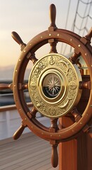 Ornate wooden ship's wheel with a detailed brass compass and nautical decorations.