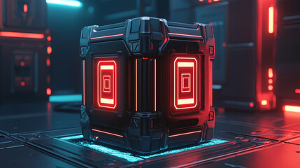 Futuristic glowing cube with intricate circuit patterns is set in high tech environment, illuminated by neon red and blue lights, creating sci fi atmosphere