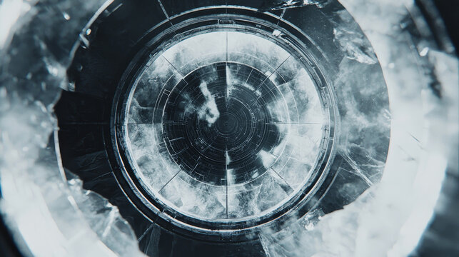 Futuristic, circular tunnel with intricate patterns and glowing light at center creates sense of depth and mystery. icy textures and metallic elements enhance sci fi atmosphere