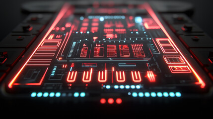 Futuristic holographic interface displays glowing red and blue schematic, possibly representing military tech base. digital design is intricate and advanced, evoking sense of innovation