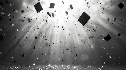 Dynamic scene of black squares and rectangles floating in bright, illuminated space, creating sense of movement and energy. light rays enhance abstract and futuristic feel