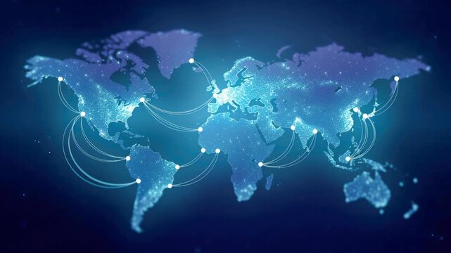 Global network map connection data flow technology cyberspace information datum glowing world technology network map glow cyberspace digital world information flow datum connect global communication