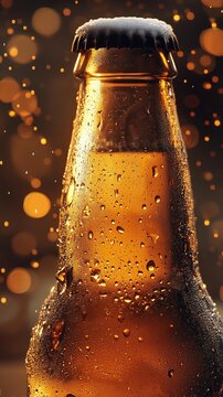 Close up of a frosty beer ottle with droplets on theglass. Generative AI