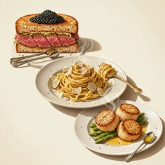 Gourmet Luxury Food Set: Wagyu Steak Sandwich with Caviar, Truffle Pasta, and Seared Scallops created with Generative AI Technology, ai, generative