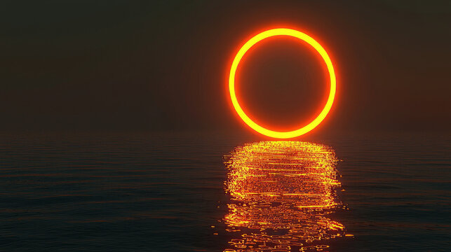 Glowing neon circle floats over calm ocean, casting vibrant reflection on water surface, creating serene and futuristic atmosphere