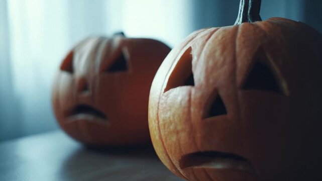 Two carved pumpkins with sad faces, Halloween decor on a wooden table, autumn ambiance with soft natural light