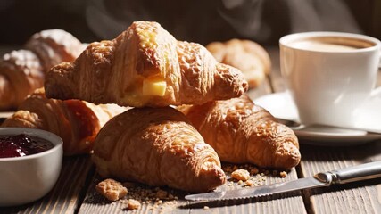 Buttery flaky croissant with melting butter and red berry jam served with steaming hot coffee on rustic wooden table creating warm inviting breakfast pastry scene full of steam and cozy light - Powered by Adobe