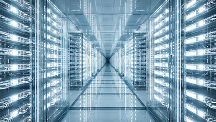 Futuristic data center server room aisle with glowing blue lights and infinite perspective