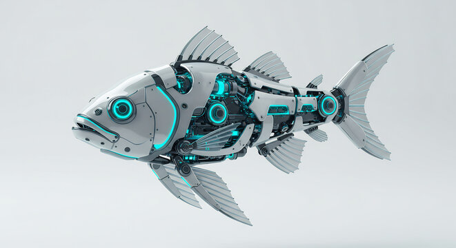 Brightly lit metallic cyborg fish with vibrant blue neon accents creating a striking futuristic visual. AI Generated