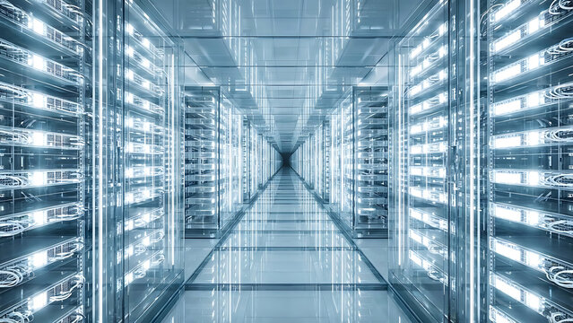 Futuristic data center server room aisle with glowing blue lights and infinite perspective - Powered by Adobe