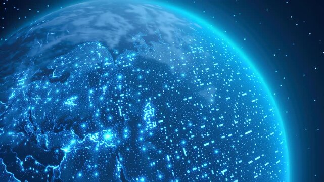 Technology network globe cyberspace digital earth information glow blue light data pulse connection blue planet glowing network digital map global grid night sky, information datum blend serene view