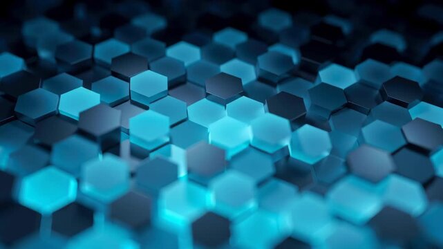 Glowing hexagon pattern background technology cyberspace information datum shimmer cool blue light, abstract 3d surface evokes modern network energy and digital flow across geometric tiles