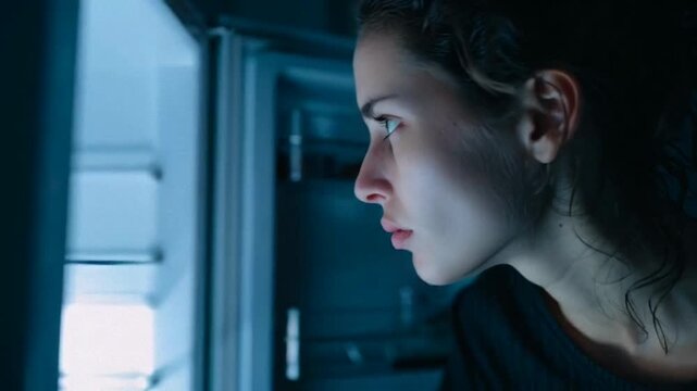 Young woman gazes into open refrigerator, contemplation and midnight snack cravings, cozy night time kitchen scene