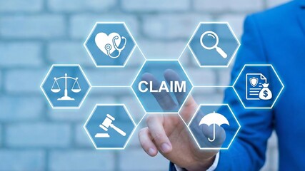 Insurance Claim Concept. Business person using virtual touch screen presses the word CLAIM. Update personal information, registration claim document