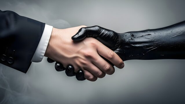 Conceptual handshake between businessman in suit and dirty black oily hand representing corruption or bad deal