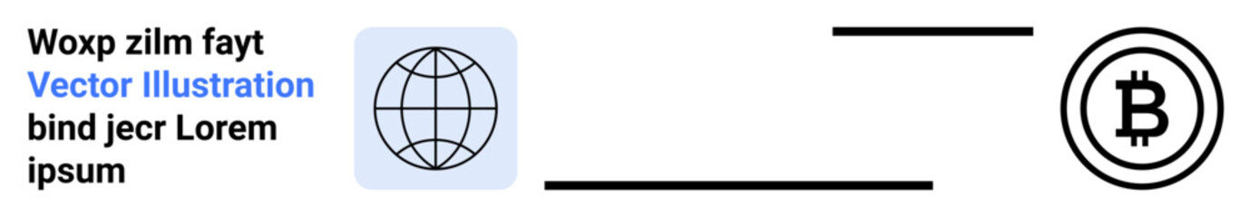 Blockchain, cryptocurrency, global finance, online payments, digital assets, transactions. Globe connected to Bitcoin symbol with minimalist design. Blockchain and cryptocurrency conceptual theme