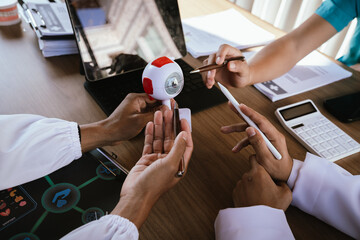 Doctor explaining eye anatomy using a detailed eyeball model during a medical consultation.