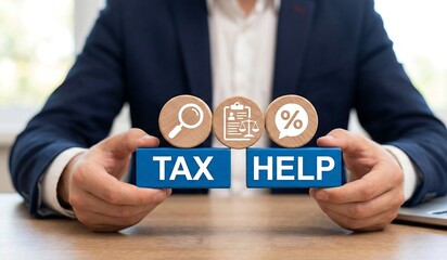 Lawyer holding colorful blocks with icons and inscription: TAX HELP. Concept of tax help and accounting service