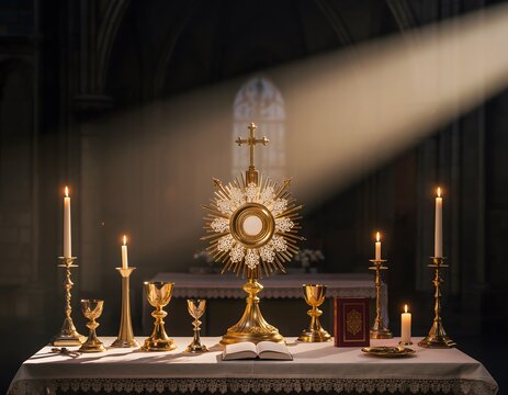 A golden monstrance holding the Eucharist, surrounded by lit candles and sacred vessels on an altar in a dimly lit church, illuminated by a beam of light.