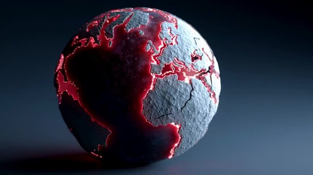 Glowing cracks on dark globe, symbolizing global warming and tectonic shifts, evoking a sense of climate crisis and environmental awareness
