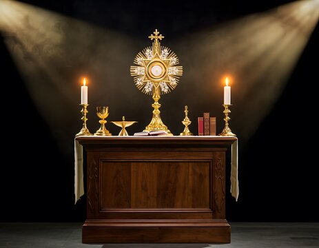 Golden monstrance with Eucharist and lit candles on a wooden altar, illuminated by spotlights.