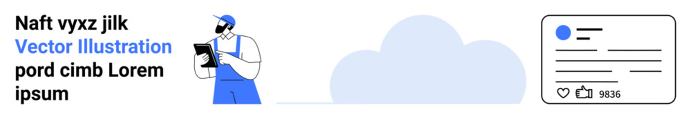 Digital marketing, online communication, data storage, social media engagement, remote work, technology tools. Worker interacting with a tablet. Social media and data storage concept